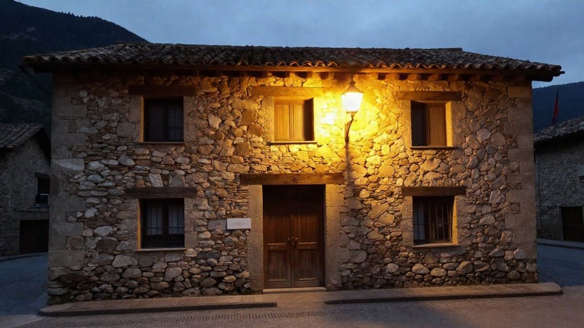 Imagen ilustrativa: fachada de una casa rural de piedra en un pueblo de montaña, iluminada por una farola
