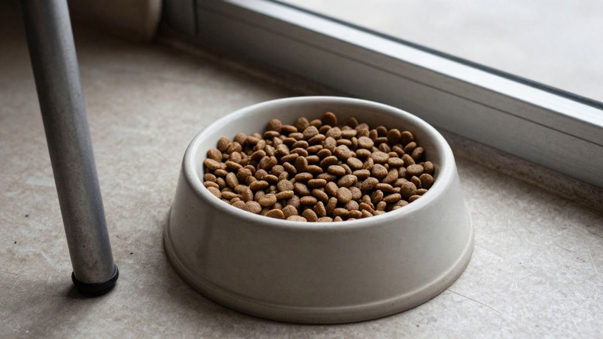 Illustrative image: detail of a bowl of dry pet food on worn flooring