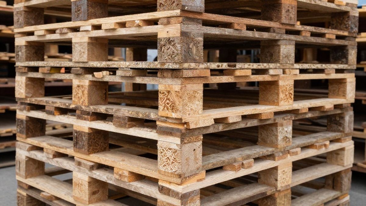 Illustrative image: close-up of stacked wooden pallets in a loading area of a logistics warehouse