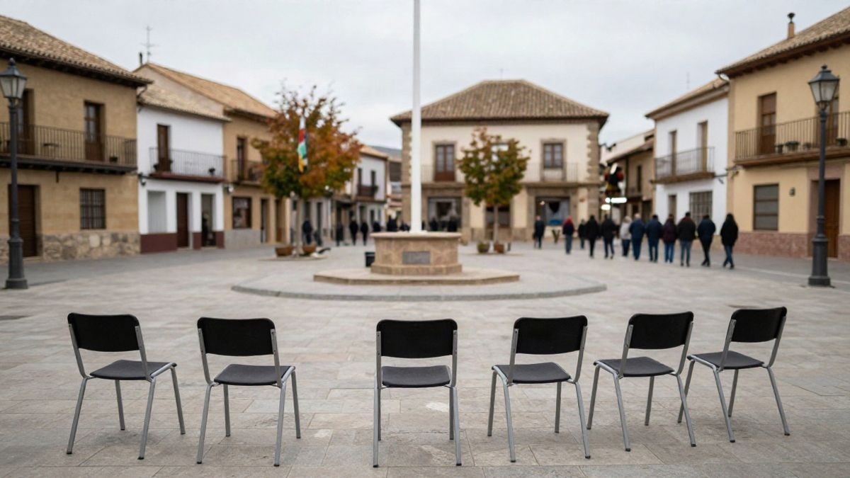 Illustrative image: cobbled square with empty chairs and flagpole without a flag on a cloudy day