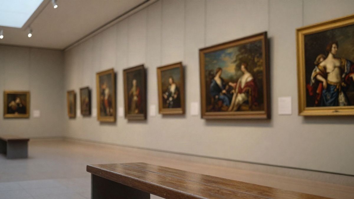 Imagen ilustrativa: galería de museo con cuadros clásicos en las paredes y un banco de madera