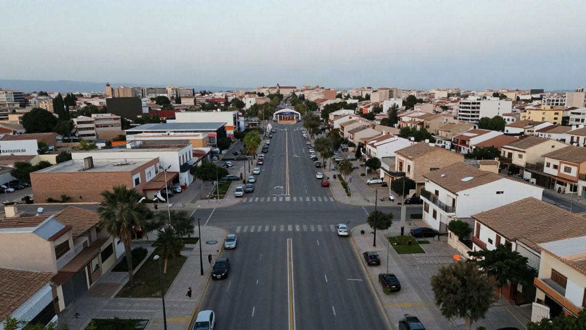 Illustrative image: aerial view of a residential area with empty streets and a metro station in the distance