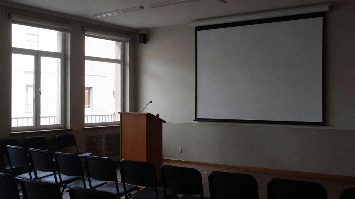 Imagen ilustrativa: sala de reuniones vacía con atril y sillas, iluminada por luz lateral de ventana.