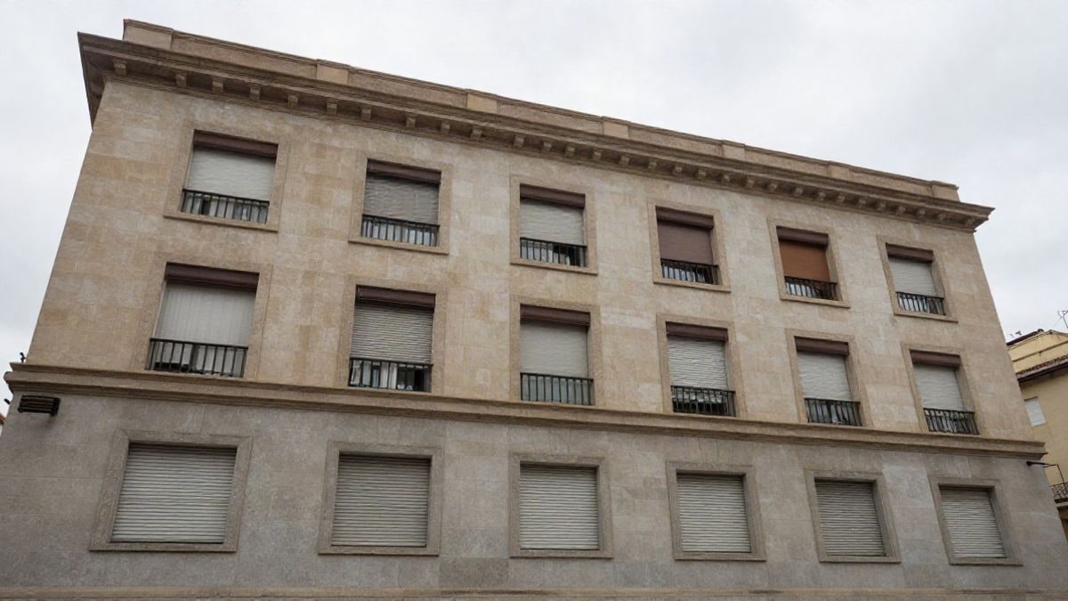 Imagen ilustrativa: fachada de un edificio municipal genérico con persianas bajadas, sin personas ni símbolos identificables