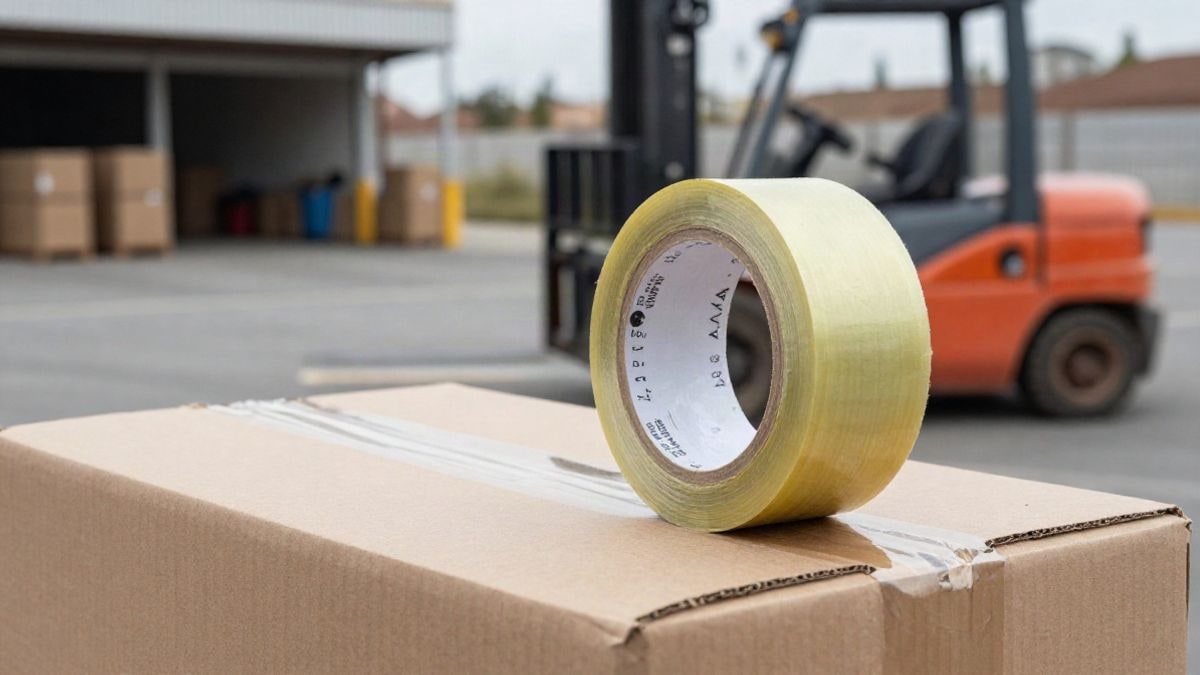 Illustrative image: close-up of cardboard boxes and packing tape in a loading dock