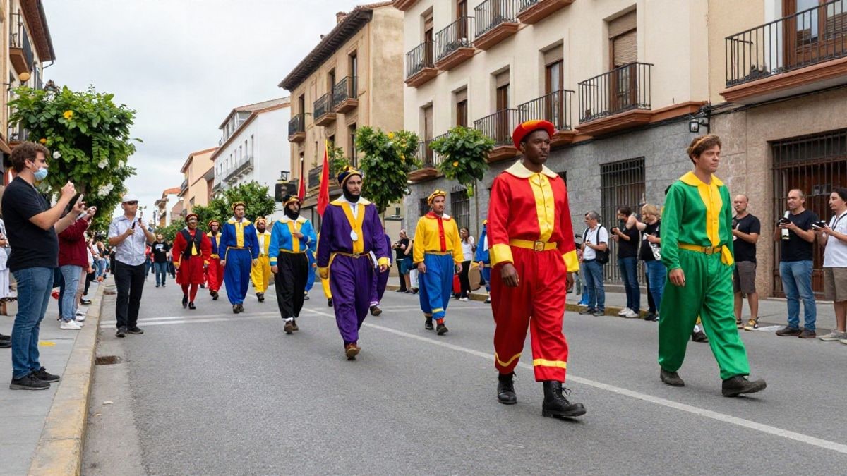 Illustrative image: generic parade with colourful costumes and musicians seen from a distance on an urban street