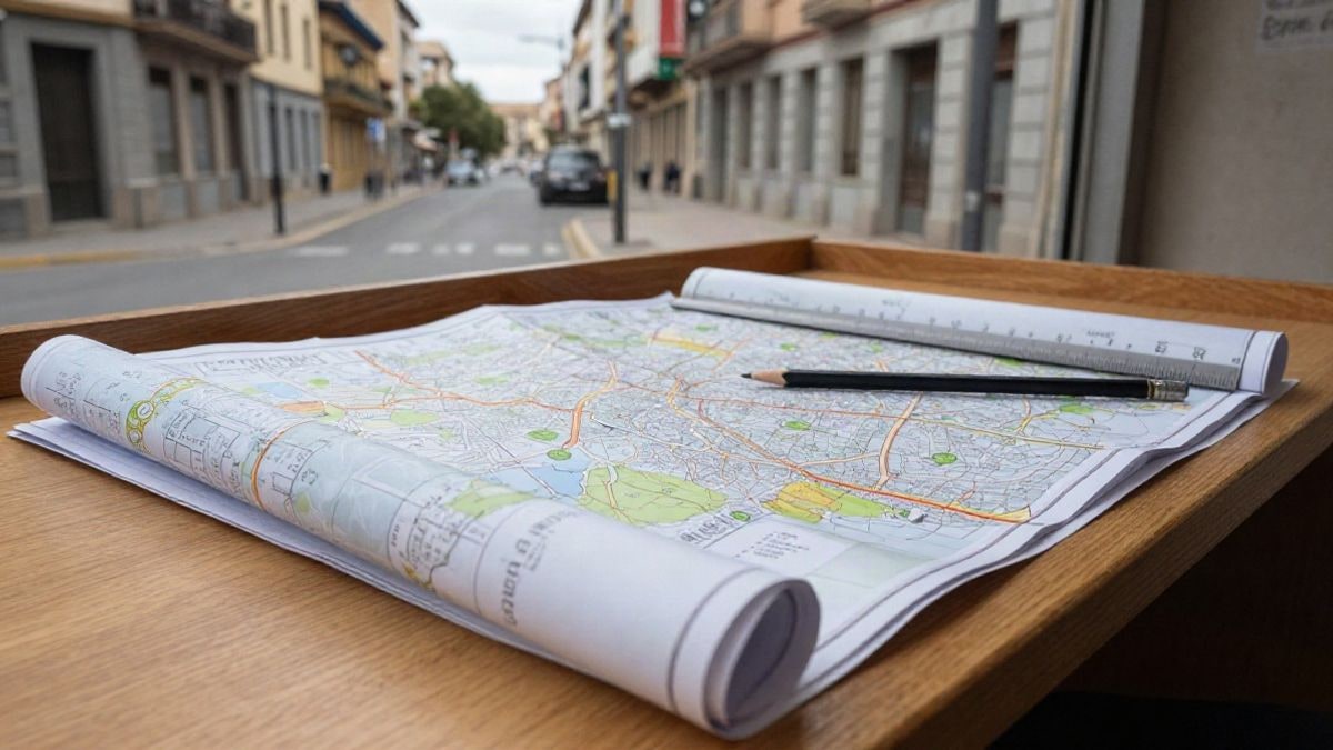 Illustrative image: an urban planning map rolled out on a counter with a pencil and a ruler