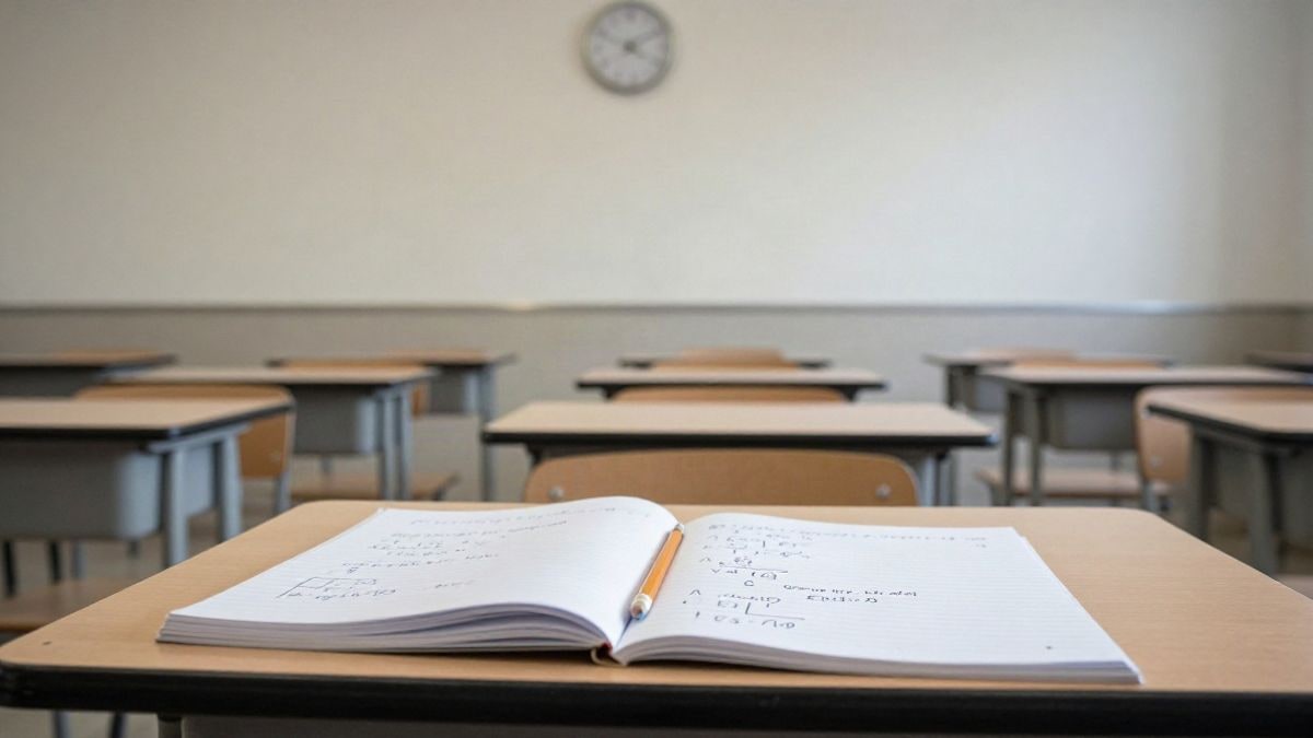Illustrative image: empty school desk with an open maths exercise book and a pencil