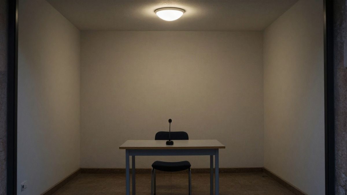 Imagen ilustrativa: sala de prensa vacía con una silla y un micrófono sobre la mesa