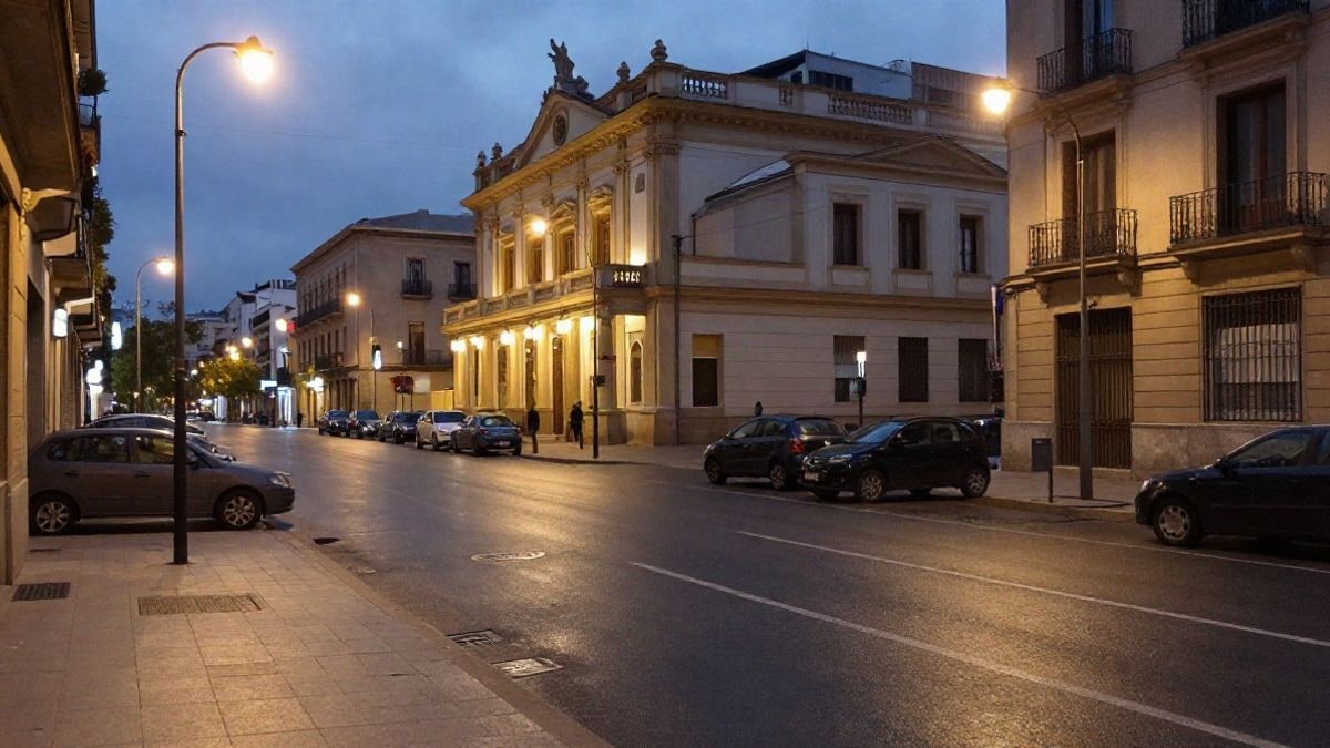 Illustrative image: facade of a stately theatre viewed from the sidewalk at night, with street lamps and warm light
