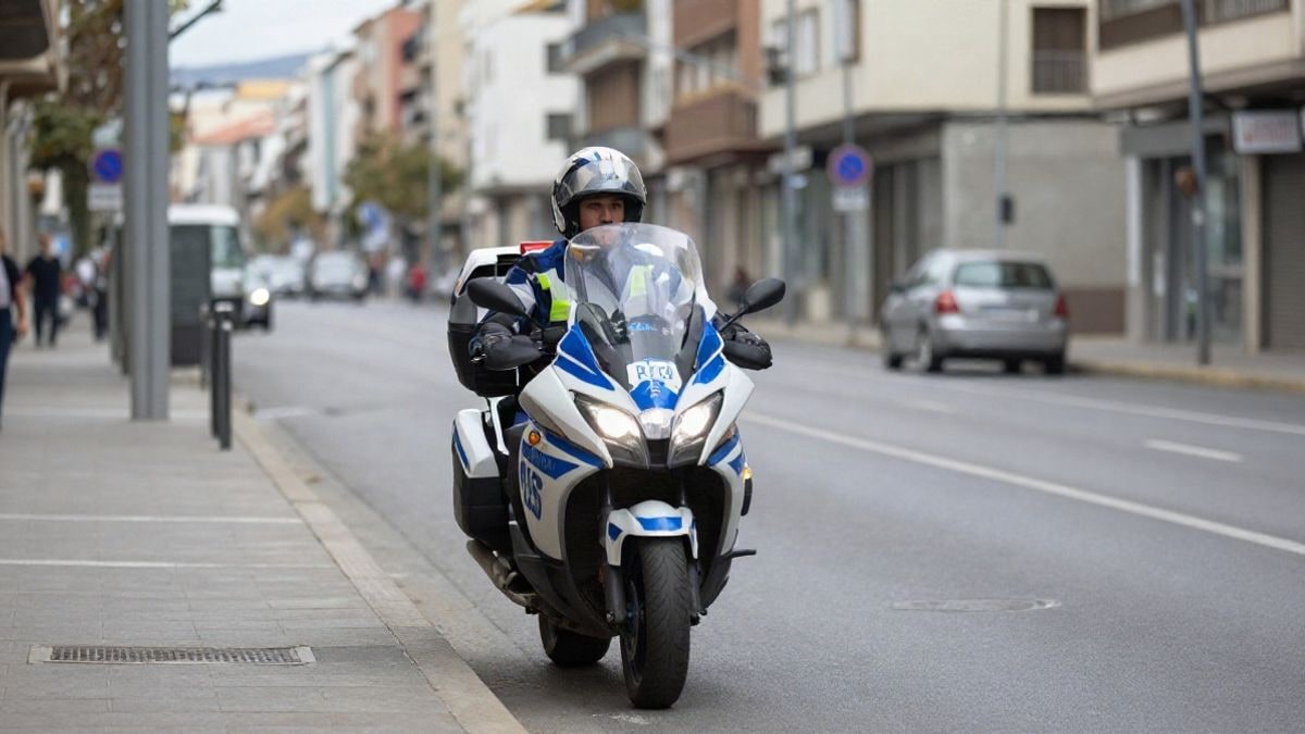 Imagen ilustrativa: moto de policía estacionada en una avenida con tráfico al fondo